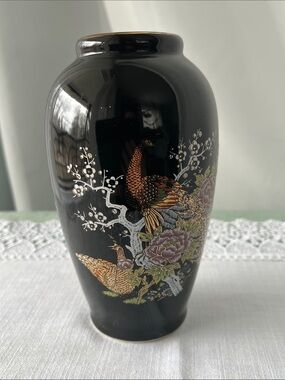 Vintage Japanese Black Porcelain Peacock & Peony Vase – Gilded Chokin Style – 6”
